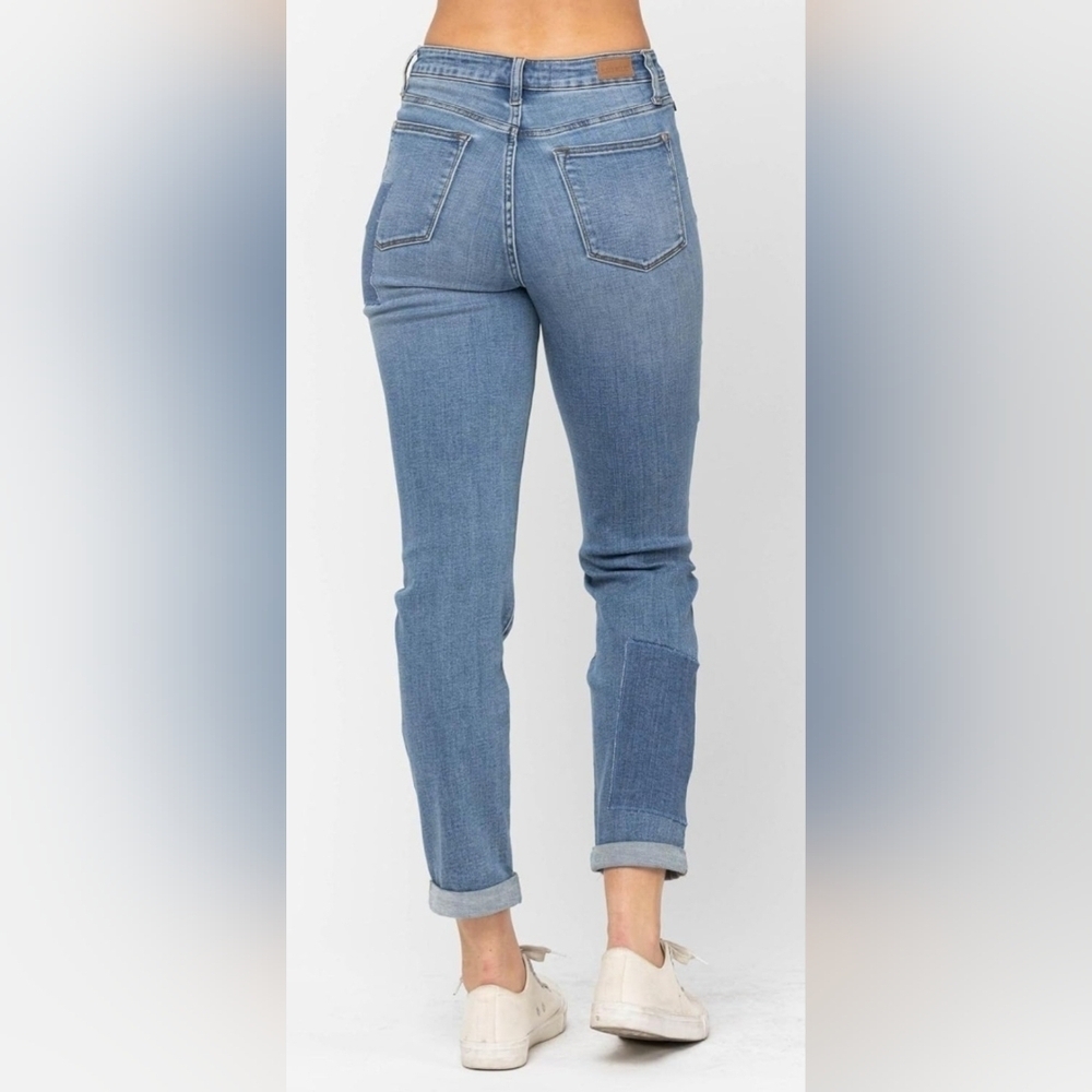 Judy Blue High Rise Medium Wash Patched Straight Leg Boyfriend Fit Jeans 7/28 - Picture 8 of 12